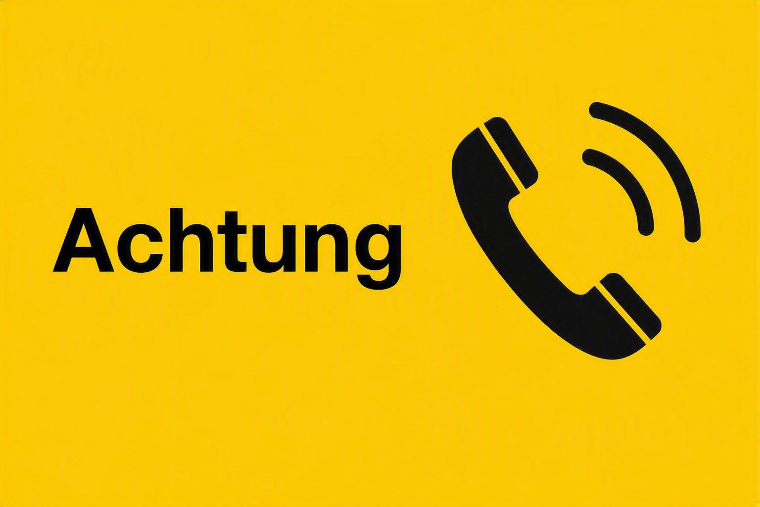Gelber Grund, Piktogram Telefon, daneben steht Achtung