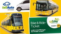 Fotocollage bestehend aus Bahn, Bus, Bike & Ride Ticket Motiv und teil Auto Motiv