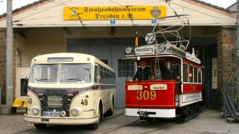 Straßenbahnmuseum und Bus vom Historische Kraftfahrzeuge des Dresdner Nahverkehrs e. V.