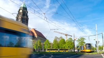 Bahn und Bus vorm Rathaus
