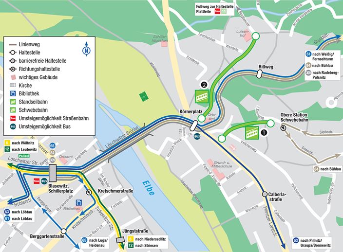 Section of the network map with connections to hillside railways