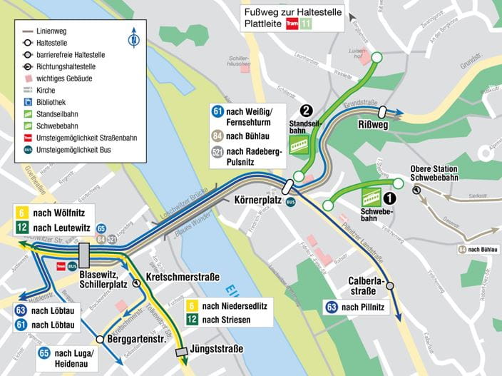 Section of the network map with connections to hillside railways