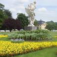 Das Foto zeigt ein großes Blumenbeet, welches mit gelben Blumen bepflanzt ist. Im Zentrum befindet sich eine Statue im Großen Garten. 