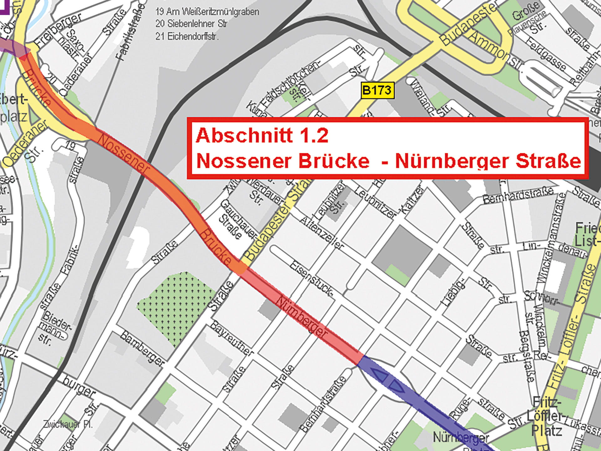 Kartenausschnitt Ausbau Nossener Brücke - Nürnberger Straße