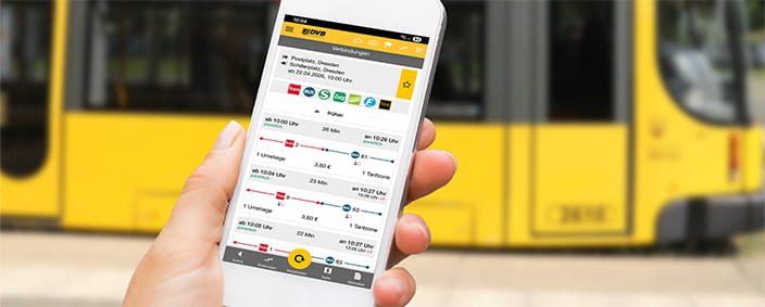 Smartphone, dass die Verbindungsauskunft in der DVB mobil zeigt