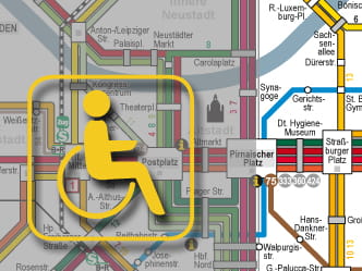 Wycinek schematu komunikacji miejskiej w Dreźnie z informacjami dla osób poruszających się na wózkach inwalidzkich 