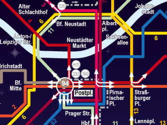 Výřez z plánu nočních linek v Drážďanech