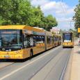 Busse und Straßenbahn am Pirnaischen Platz in einer Haltestellensituation