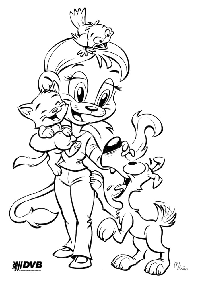 Cartoonfigur mit Hund und Katze