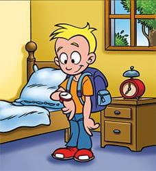 Comicbild welches einen blonden Jungen mit Schulranzen in seinem Zimmer zeigt und auf seine Armbanduhr schaut