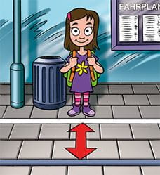 Comicbild, welches ein Mädchen hinter einer weißen Linie an der Haltestelle wartet