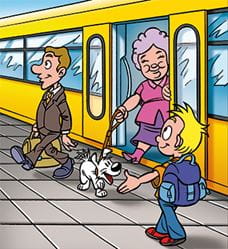 Comicbild, auf dem ein Junge erst einen Herren dann eine ältere Dame mit Hund aus der Bahn aussteigen lässt