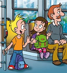 Comicbild, auf dem ein Junge in der Bahn steht und sich festhält. Er unterhält sich mit einem Mädchen, welches neben ihm auf einem Sitz sitzt.