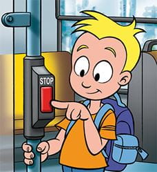 Comicbild, welches einen Jungen zeigt, der den Haltewunschtaster betätigt.