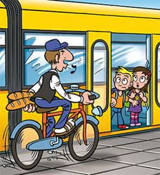 Comicbild, auf dem zwei Kinder aus der Straßenbahn aussteigen und einen Radfahrer erschrocken ansehen.