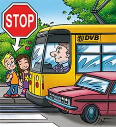 Comicbild, auf dem zwei Kinder hinter einer Bahn an einem Fußgängerüberweg stehen