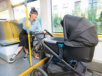 Frau mit Kinderwagen in Bahn