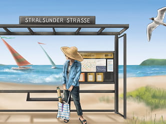 gemaltes Bild unserer Haltestelle Stralsunder Straße, davor eine Frau mit Hut, im Hintergrund das Meer