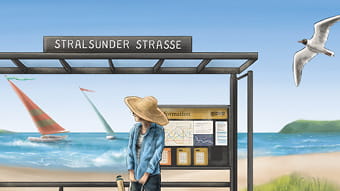 gemaltes Bild unserer Haltestelle Stralsunder Straße, davor eine Frau mit Hut, im Hintergrund das Meer