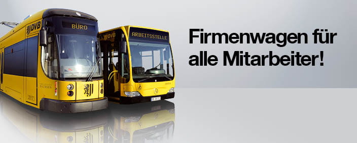Das Foto zeigt eine Straßenbahn und ein Bus. Es trägt die Aufschrift "Firmenwagen für alle Mitarbeiter!"