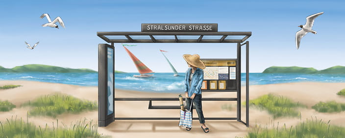 gemaltes Bild unserer Haltestelle Stralsunder Straße, davor eine Frau mit Hut, im Hintergrund das Meer
