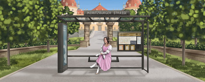 gemaltes Bild unserer Haltestelle Moritzburger Straße, davor Aschenputtel, dahinter das Jagdschloss Moritzburg