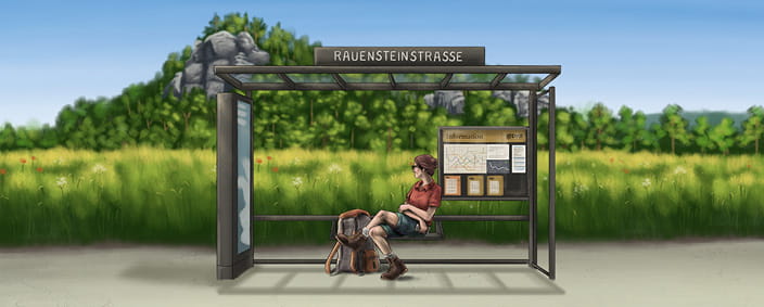 gemaltes Bild unserer Haltestelle Rauensteinstraße, davor eine Frau im Wanderoutfit, dahinter die Sächsische Schweiz