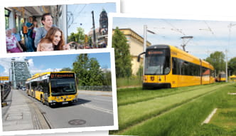 3 pictures with bus, tram and people