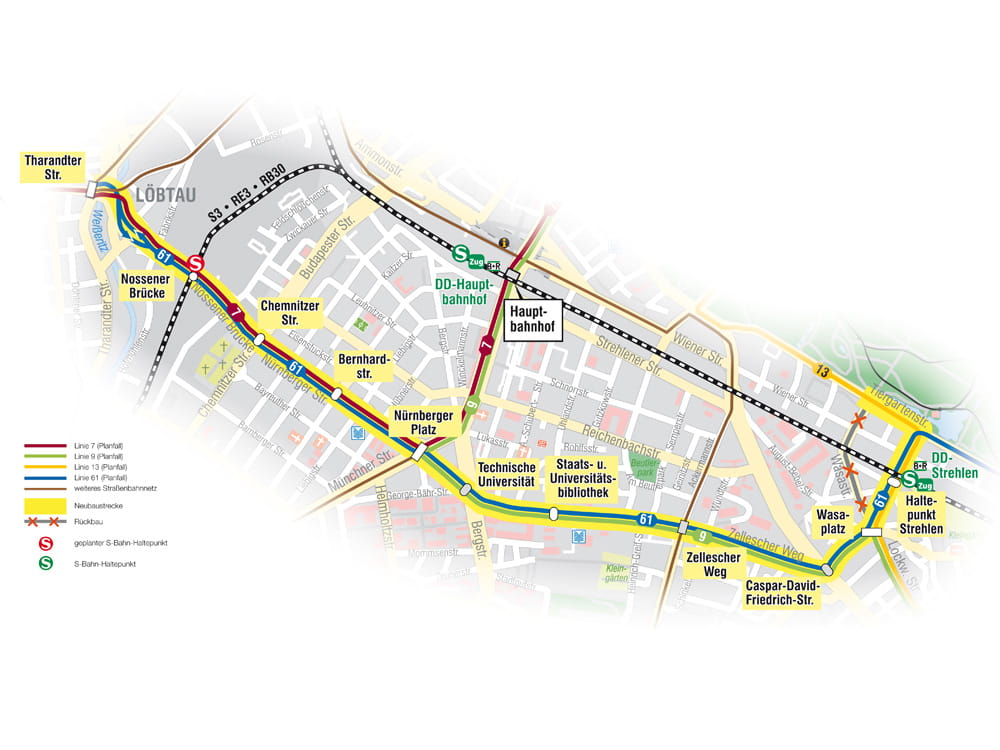 Die geplante Stadtbahn-Trasse zwischen Plauen und Strehlen. Abb.: DVB